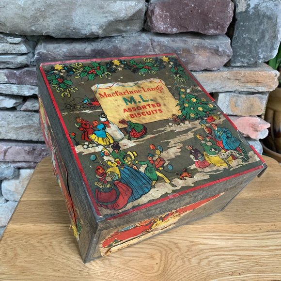 VTG 30s Christmas Tin Macfarlane Lang's M.L. Assorted Biscuits Cookies Holiday - Picture 5 of 13